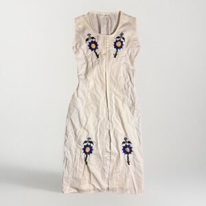 Vintage Ivory Embroidered Sleeveless MIDI Dress Boho Floral 70s M Prairie